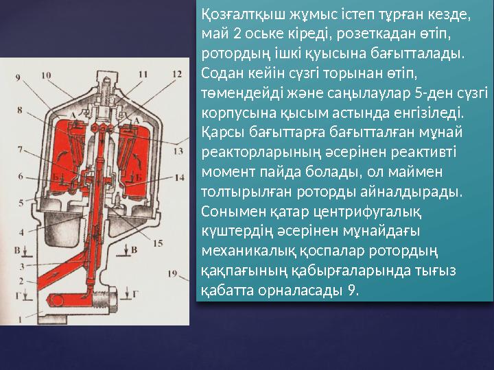 Қозғалтқыш жұмыс істеп тұрған кезде, май 2 оське кіреді, розеткадан өтіп, ротордың ішкі қуысына бағытталады. Содан кейін сүзг