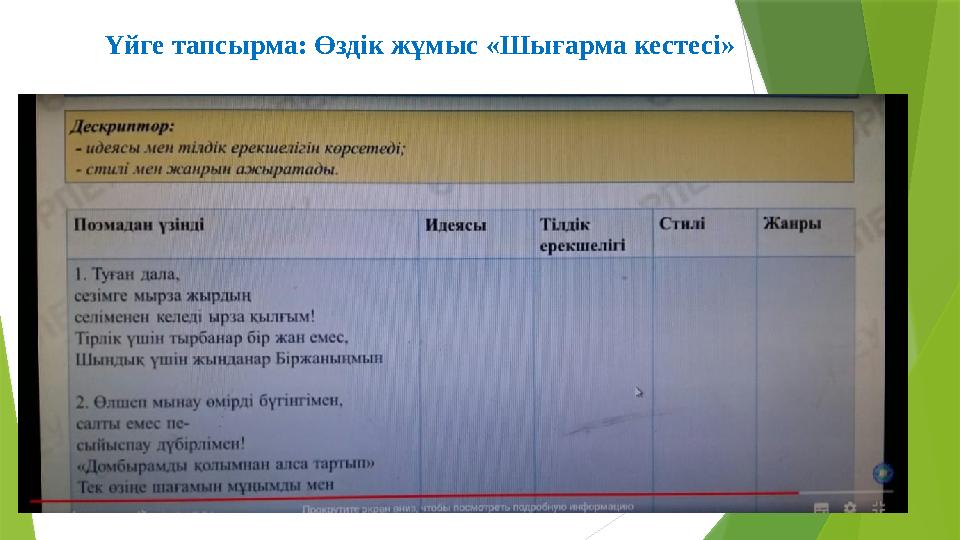 Үйге тапсырма: Өздік жұмыс «Шығарма кестесі»
