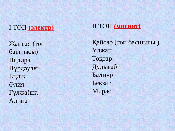 ІІ ТОП (магнит) Қайсар (топ басшысы ) Ұлжан Тоқтар Дулығаби Балнұр Бекзат Мирас І ТОП (электр) Жансая (топ басшысы) Надир ІІ ТОП (магнит) Қайсар (топ басшысы ) Ұлжан Тоқтар Дулығаби Балнұр Бекзат Мирас І ТОП (электр) Жансая (топ басшысы) Надир