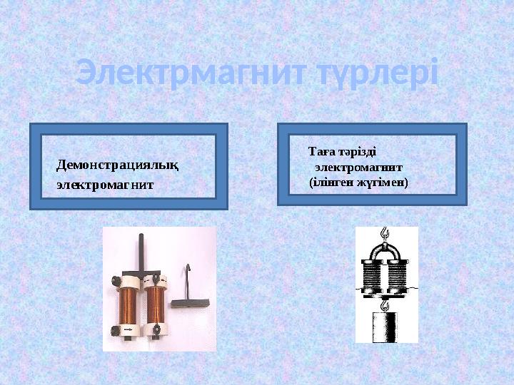 Таға тәрізді электромагнит (ілінген жүгімен)Демонстрациялық электромагнит Электрмагнит түрлері Таға тәрізді электромагнит (ілінген жүгімен)Демонстрациялық электромагнит Электрмагнит түрлері