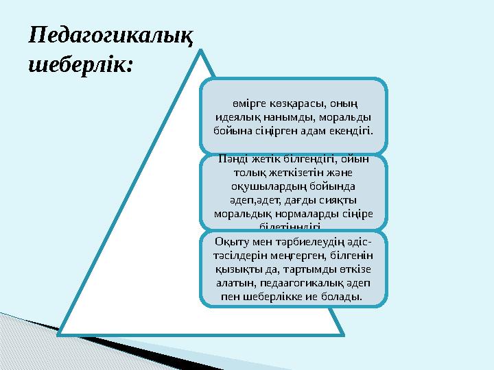 Педагогикалық шеберлік: өмірге көзқарасы, оның идеялық нанымды, моральды бойына сіңірген адам екендігі. Пәнді жетік білгенд