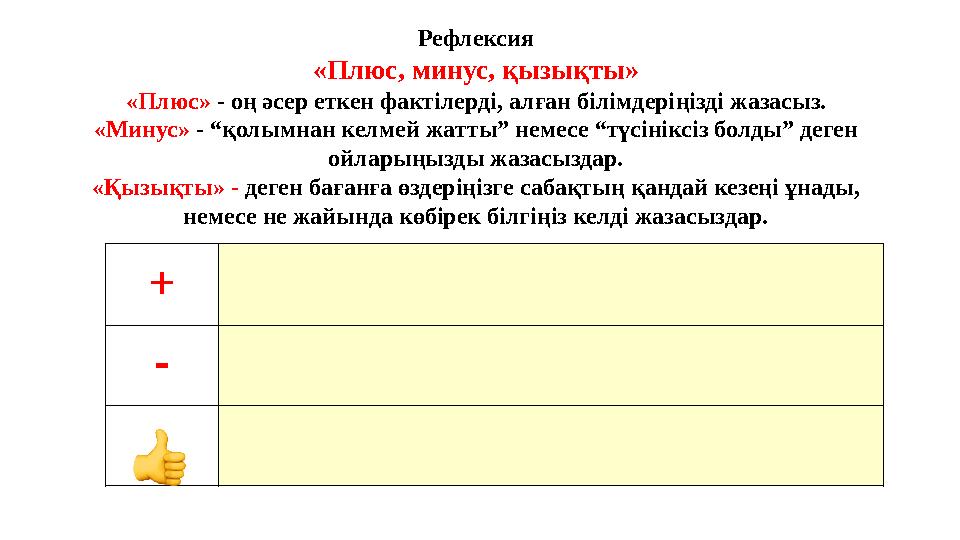 + - Рефлексия «Плюс, минус, қызықты» «Плюс» - оң әсер еткен фактілерді, алған білімдері ңізді жазасыз. «Минус»