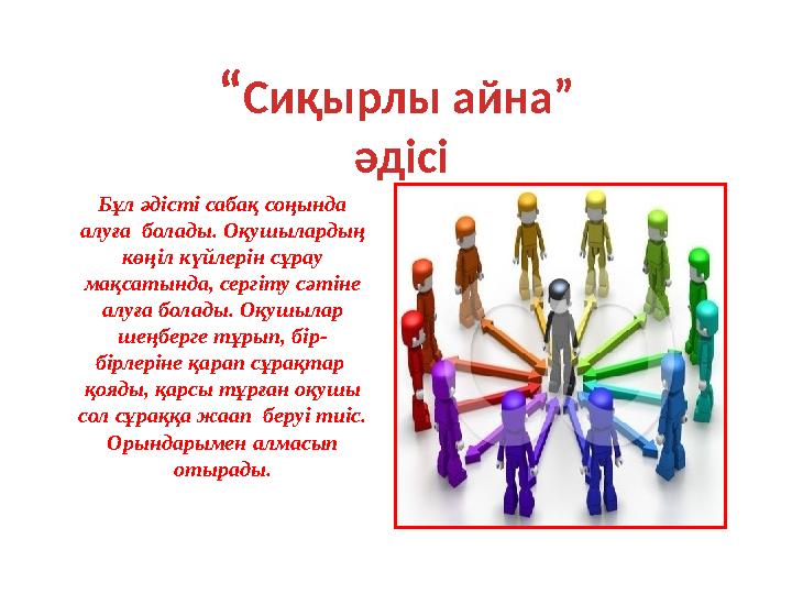 “ Сиқырлы айна” әдісі Бұл әдісті сабақ соңында алуға болады. Оқушылардың көңіл күйлерін сұрау мақсатында, сергіту сәтіне