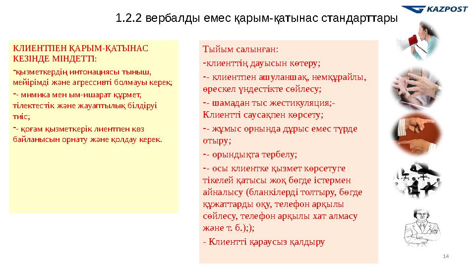 14Тыйым салынған: - клиенттің дауысын көтеру; - - клиентпен ашуланшақ, немқұрайлы, өрескел үндестікте сөйлесу; - - шамадан тыс