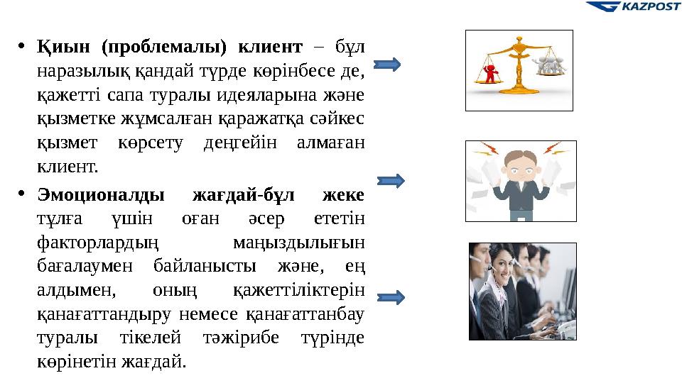 • Қиын (проблемалы) клиент – бұл наразылық қандай түрде көрінбесе де, қажетті сапа туралы идеяларына және қызметке жұ