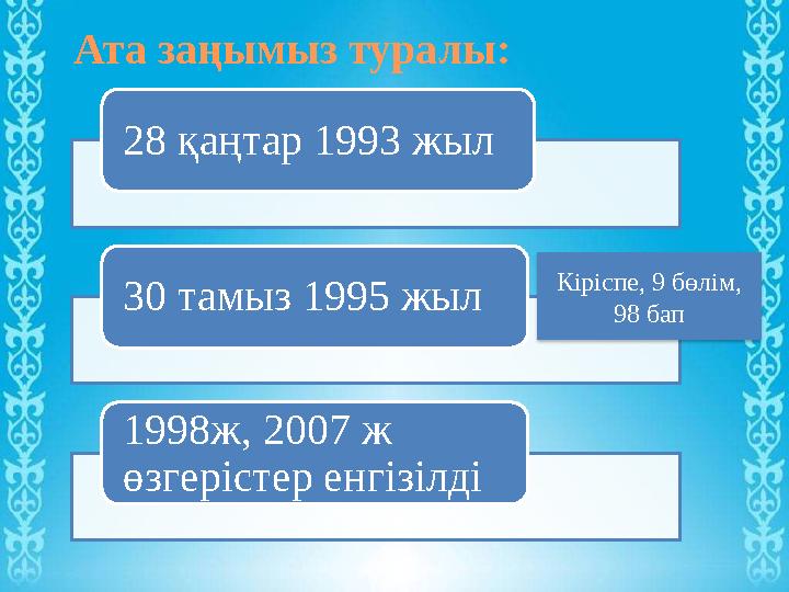 www.ZHARAR.comАта заңымыз туралы: 28 қаңтар 1993 жыл 30 тамыз 1995 жыл 1998ж, 2007 ж өзгерістер енгізілді Кіріспе, 9 бөлім, 98