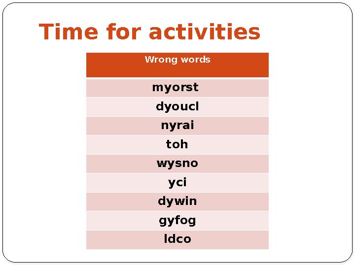 Time for activities Wrong words myorst dyoucl nyrai toh wysno yci dywin gyfog ldco