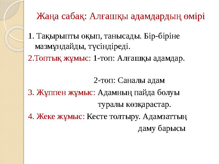 Жаңа сабақ: Алғашқы адамдардың өмірі 1. Тақырыпты оқып, танысады. Бір-біріне мазмұндайды, түсіндіреді. 2.Топтық жұмыс: 1-топ: