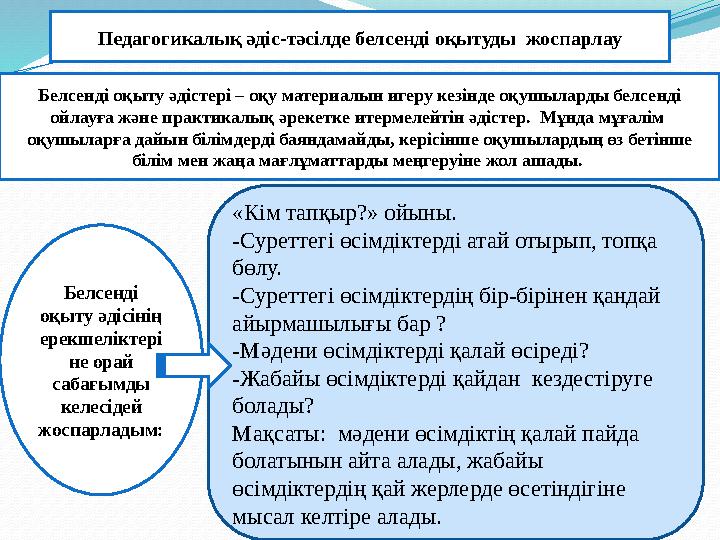 Педагогикалық әдіс-тәсілде белсенді оқытуды жоспарлау Белсенді оқыту әдісінің ерекшеліктері не орай сабағымды келесідей жо