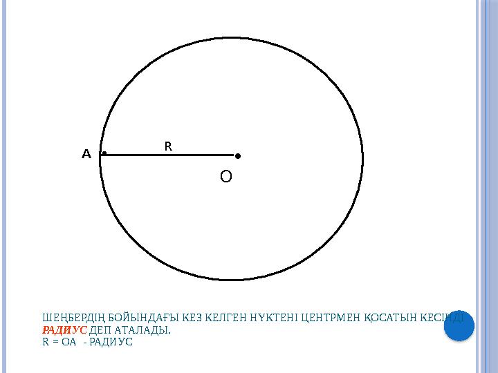 • O А • R ШЕҢБЕРДІҢ БОЙЫНДАҒЫ КЕЗ КЕЛГЕН НҮКТЕНІ ЦЕНТРМЕН ҚОСАТЫН КЕСІНДІ РАДИУС ДЕП АТАЛАДЫ. R = O А