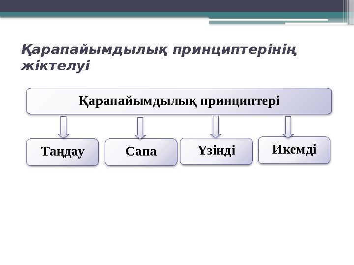 Қарапайымдылық принциптерінің жіктелуі Қарапайымдылық принциптері Таңдау Сапа Үзінді Икемді