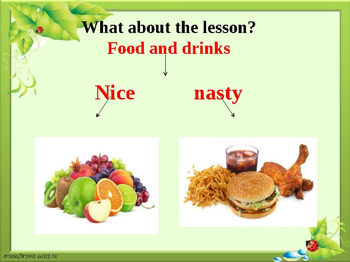 What about the lesson? Food and drinks Nice nasty
