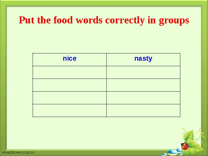 Put the food words correctly in groups nice nasty