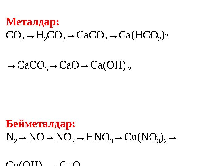 Металдар: CO 2 →H 2 CO 3 →CaCO 3 →Ca(HCO 3 ) 2 → CaCO 3 →CaO→Ca(OH) 2 Бейметалдар: N 2 →NO→NO 2 →HNO 3 →Cu(NO 3 ) 2 → Cu