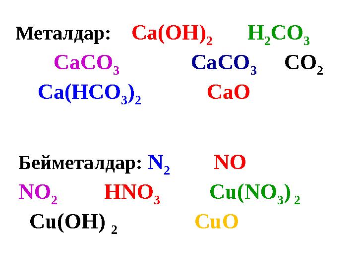 Металдар: Ca(OH) 2 H 2 CO 3 CaCO 3 CaCO 3 CO 2 Ca(HCO 3