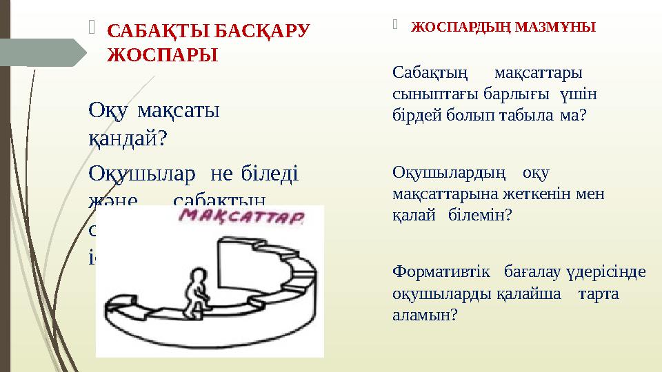  САБАҚТЫ БАСҚАРУ ЖОСПАРЫ Оқу мақсаты қандай? Оқушылар не біледі және сабақтың соңына қарай не істей алады?  ЖОСПАРДЫҢ МАЗ