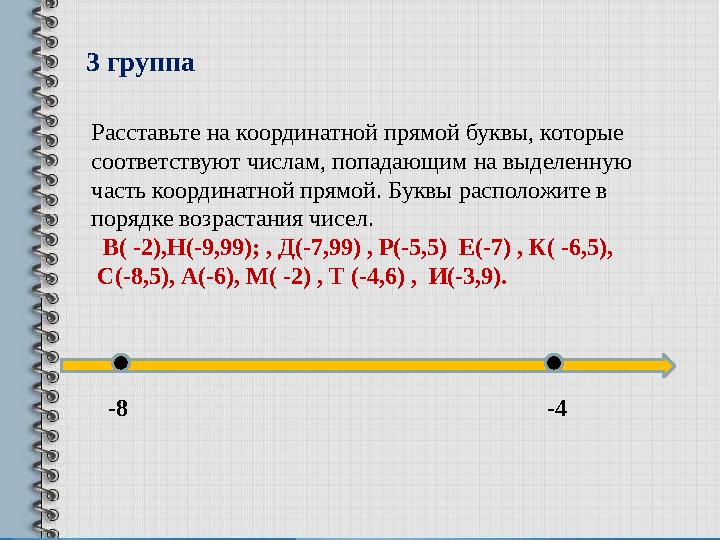 Расставьте на координатной прямой буквы, которые соответствуют числам, попадающим на выделенную часть координатной прямой. Бу