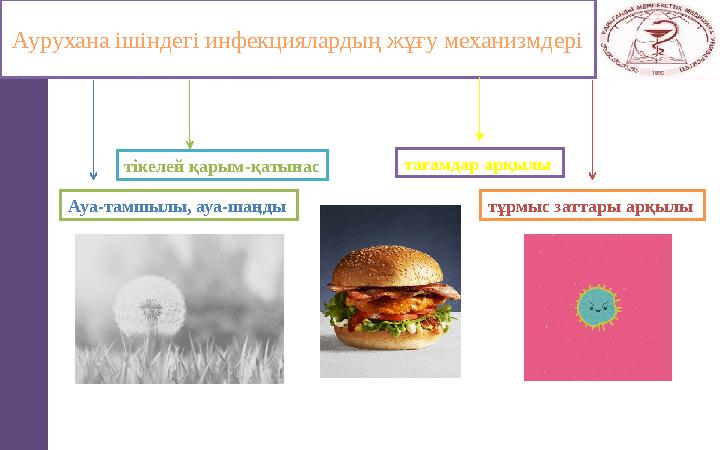 Аурухана ішіндегі инфекциялардың жұғу механизмдері Ауа-тамшылы, ауа-шаңды тікелей қарым-қатынас тұрмыс заттары арқылы тағамдар