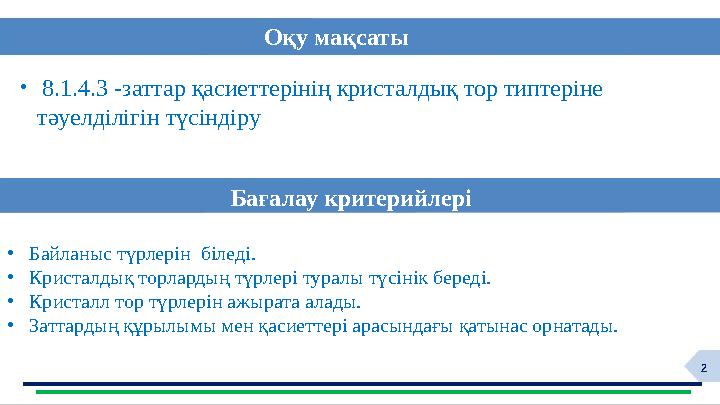 2Оқу мақсаты Ба ғалау критерийлері• 8.1.4.3 -заттар қасиеттерінің кристалдық тор типтеріне тәуелділігін түсіндіру • Байлан