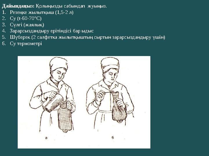 Дайындаңыз: Қолыңызды сабындап жуыңыз. 1. Резеңке жылытқыш (1,5-2 л) 2. Су (t-60-70°С) 3. Сүлгі (жаялық) 4. Зарарсыздандыру е