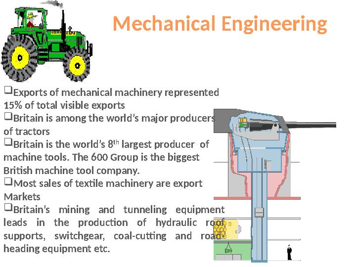 Mechanical Engineering  Exports of mechanical machinery represented 15% of total visible exports  Britain is among the world’s