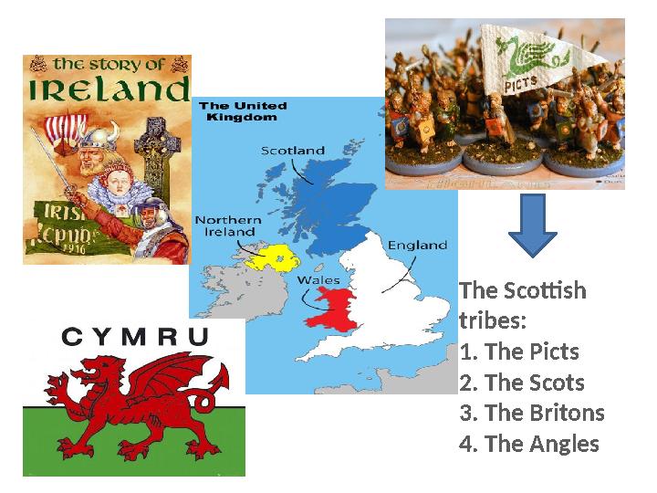 The Scottish tribes: 1. The Picts 2. The Scots 3. The Britons 4. The Angles