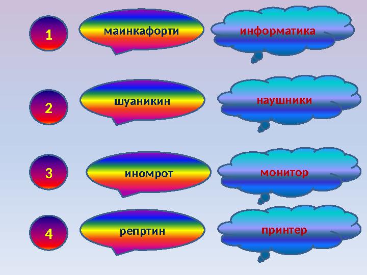 1 информатикамаинкафорти 2 наушники шуаникин 3 иномрот монитор 4 репртин принтер