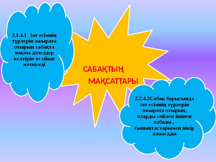 САБАҚТЫҢ МАҚСАТТАРЫ 2.2.4.2Сабақ барысында зат есімнің түрлерін ажырата отырып, оларды сөйлем ішінен табады ,
