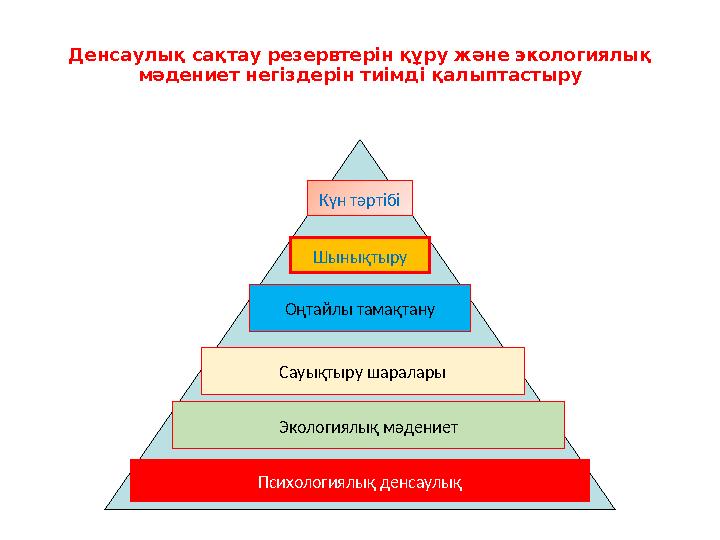 Денсаулық сақтау резервтерін құру және экологиялық мәдениет негіздерін тиімді қалыптастыру Күн тәртібі Шынықтыру Оңтайлы тамақт
