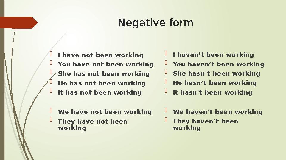 Negative form  I have not been working  You have not been working  She has not been working  He has not been working  It ha