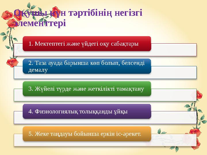 Оқушы күн тәртібінің негізгі элементтері 1. Мектептегі және үйдегі оқу сабақтары 2. Таза ауада барынша көп болып, белсенді де