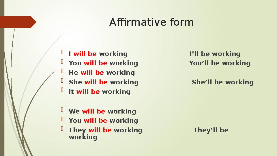 Affirmative form  I will be working I’ll be working  You will be working