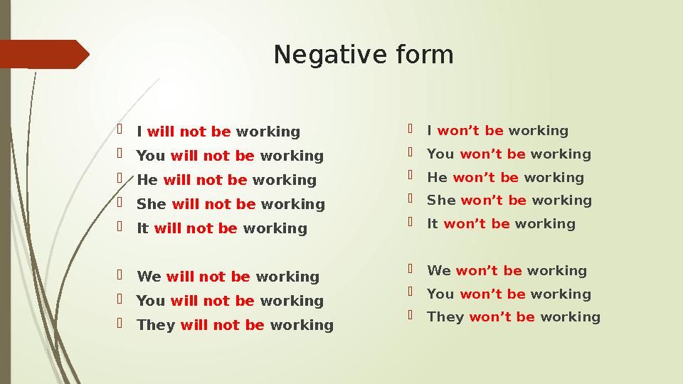 Negative form  I will not be working  You will not be working  He will not be working  She will not be working  It