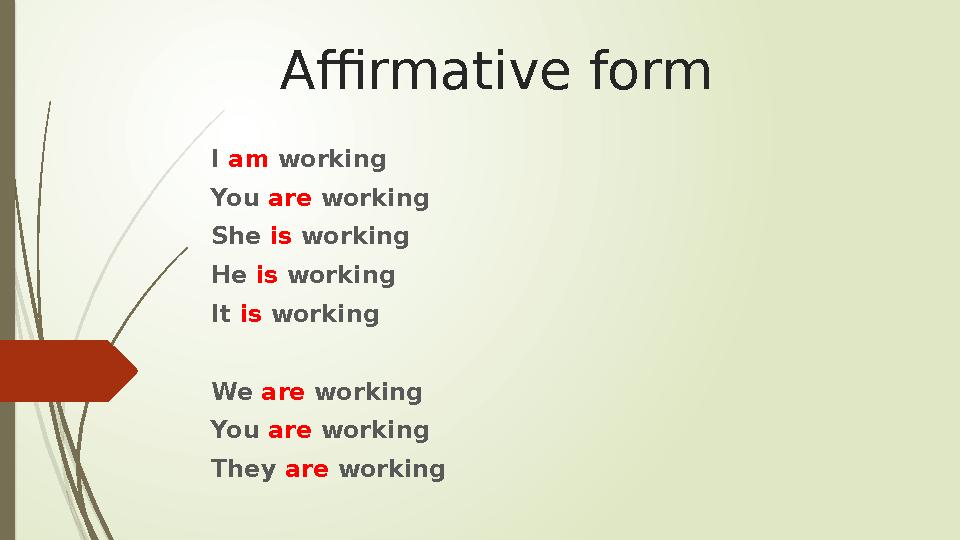 Affirmative form I am working You are working She is working He is working It is working We are working You are