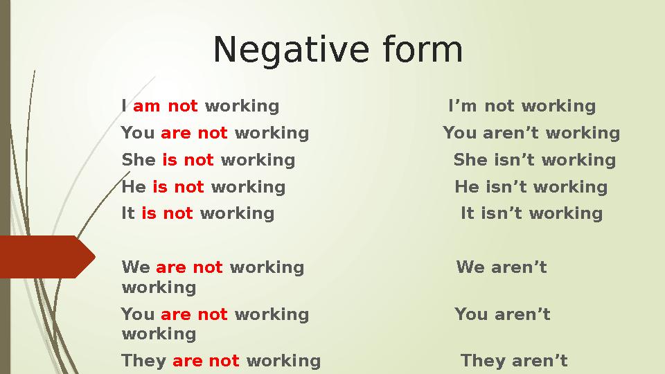 Negative form I am not working I’m not working You are not working You are