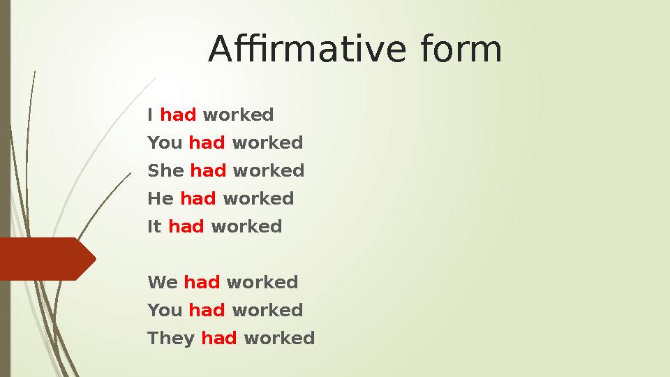 Affirmative form I had worked You had worked She had worked He had worked It had worked We had worked You had wor