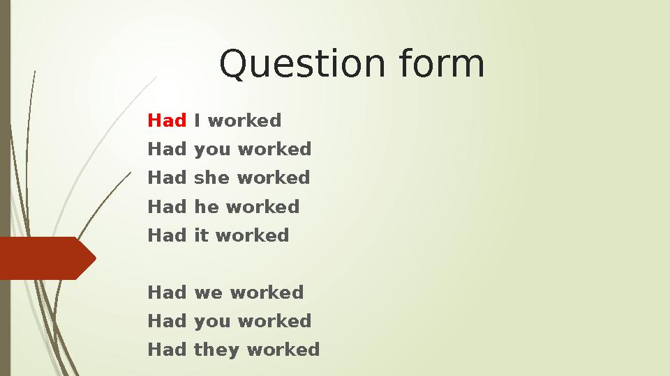 Question form Had I worked Had you worked Had she worked Had he worked Had it worked Had we worked Had you worked Had they work