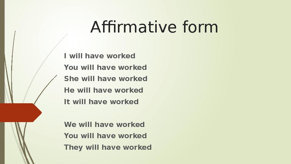 Affirmative form I will have worked You will have worked She will have worked He will have worked It will have worked We will ha