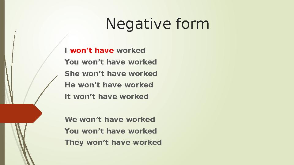 Negative form I won’t have worked You won’t have worked She won’t have worked He won’t have worked It won’t have worked We won