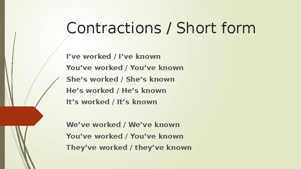 Contractions / Short form I’ve worked / I’ve known You’ve worked / You’ve known She’s worked / She’s known He’s worked / He’s kn