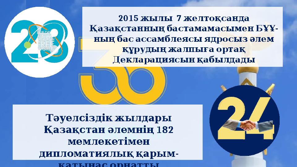 2015 7 жылы желтоқсанда - Қазақстанның бастамамасымен БҰҰ ның бас ассамблеясы ядросыз әлем құрудың ж