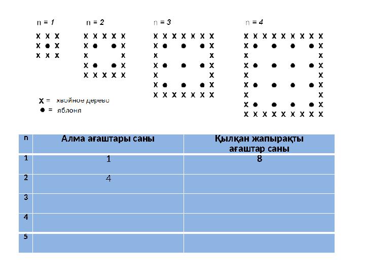 n Алма ағаштары саны Қылқан жапырақты ағаштар саны 1 1 8 2 4 3 4 5