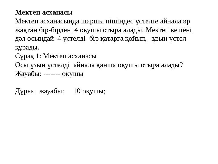 Мектеп асханасы Мектеп асханасында шаршы пішіндес үстелге айнала әр жақтан бір-бірден 4 оқушы отыра алады. Мектеп кешені дәл