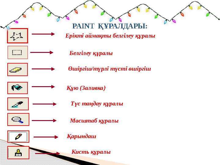 PAINT ҚҰРАЛДАРЫ: Ерікті аймақты белгілеу құралы Белгілеу құралы Өшіргіш/түрлі түсті өшіргіш Құю (Заливка) Түс таңд