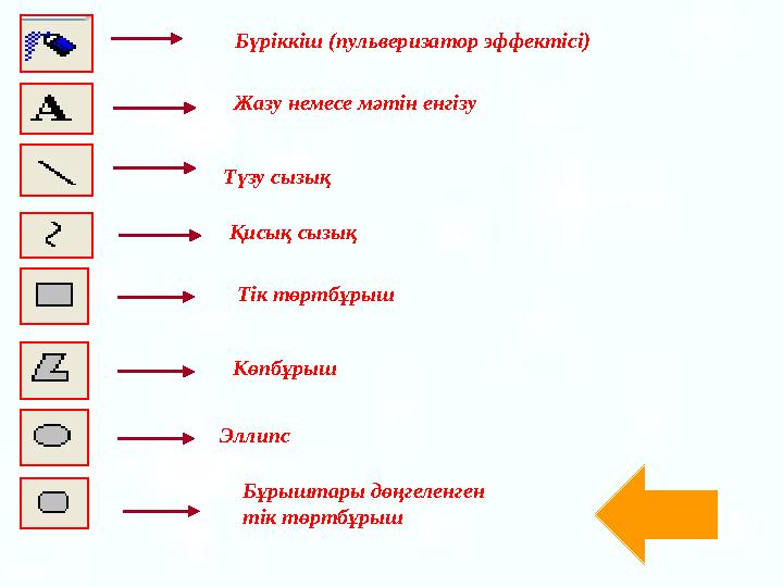 Бүріккіш (пульверизатор эффектісі) Жазу немесе мәтін енгізу Түзу сызық Қисық сызық Тік төртбұрыш Көпбұрыш Эллипс Бұрыштары дөң