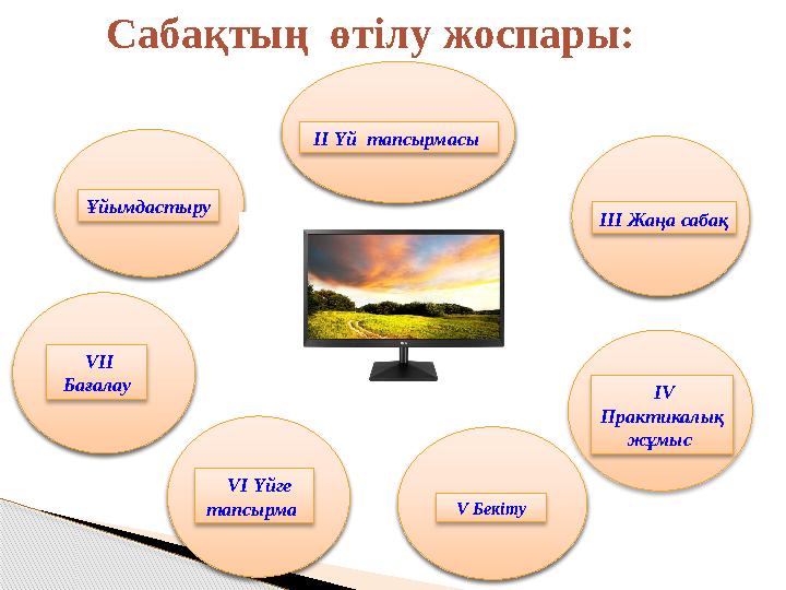 Сабақтың өтілу жоспары: Ұйымдастыру ІІ Үй тапсырмасы ІІІ Жаңа сабақ І V Практикалық жұмыс V Бекіту V ІІ Бағалау V І Ү