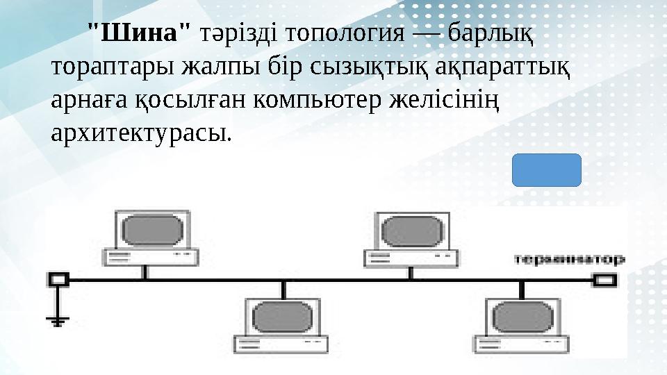 "Шина" тәрізді топология — барлық тораптары жалпы бір сызықтық ақпараттық арнаға қосылған компьютер желісінің архите