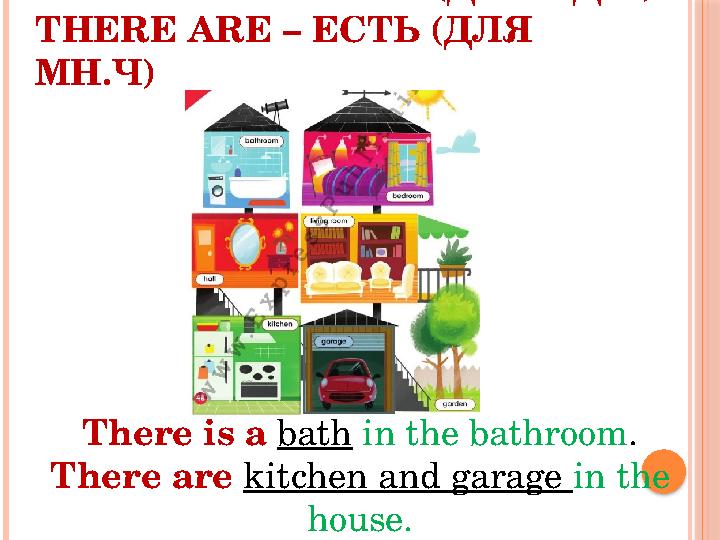 THERE IS A – ЕСТЬ (ДЛЯ ЕД.Ч) THERE ARE – ЕСТЬ (ДЛЯ МН.Ч) There is a bath in the bathroom . There are kitchen and garage