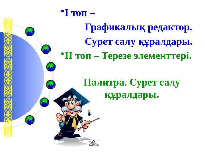 • І топ – Графикалық редактор. Сурет салу құралдары. • ІІ топ – Терезе элементтері. Пал