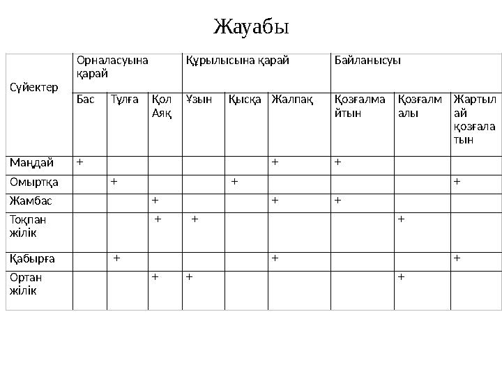 Жауабы Сүйектер Орналасуына қарай Құрылысына қарай Байланысуы Бас Тұлға Қол Аяқ Ұзын Қысқа Ж